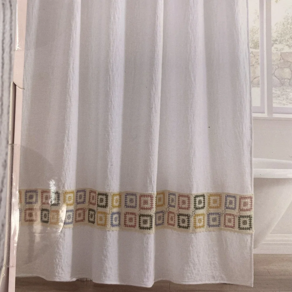 Dreamsetter Shower Curtain White Gauze Crochet Granny Square Quilt Hem Boho